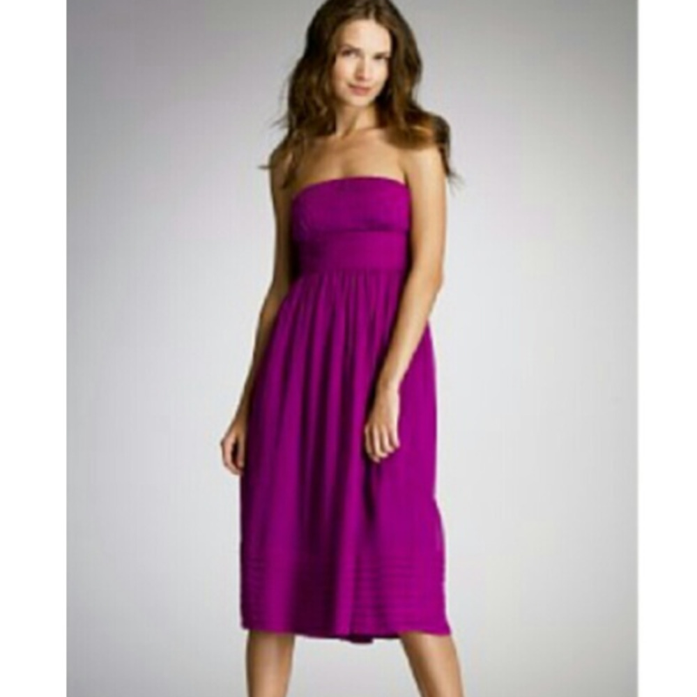 J Crew Silk Strapless Lined Knee Length Pleated Layered Dress Purple